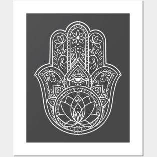 White Hamsa Hand and Lotus Flower Design by Lorna Laine Posters and Art